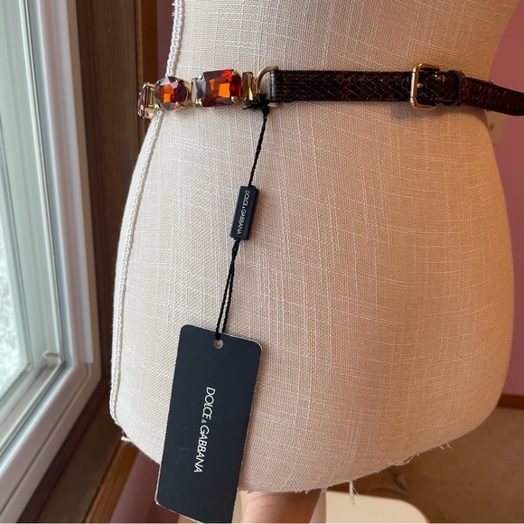 Dolce & Gabbana Brown Leather orange brown Crystal Chain Belt - Picture 2 of 8